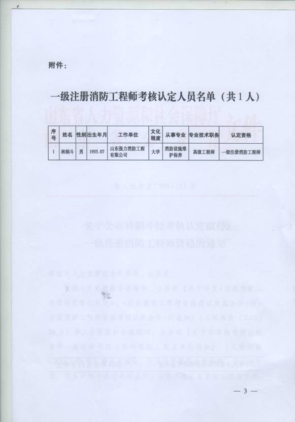 山东消防信息网：经考核认定取得一级注册消防工程师资格通知